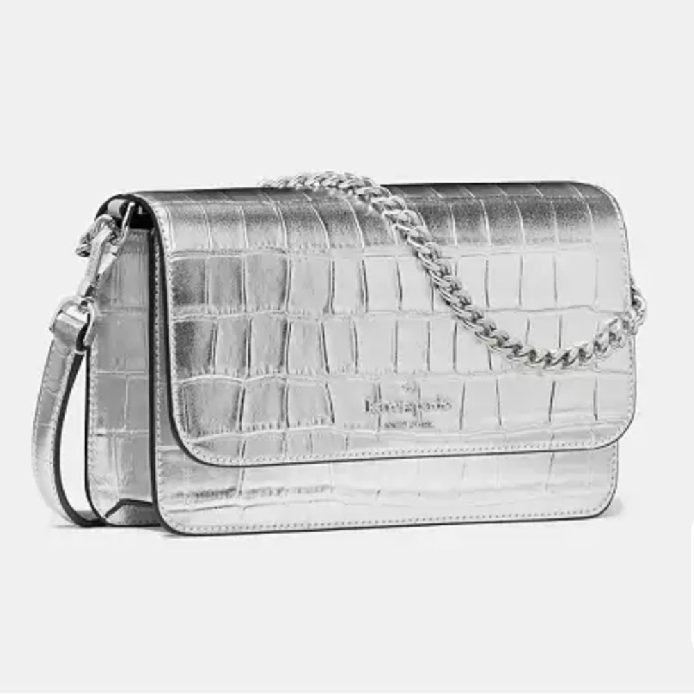 ♠️ Kate Spade Madison Croc Embossed Mini Crossbody & Slim Card Holder Silver NWT - Picture 4 of 17